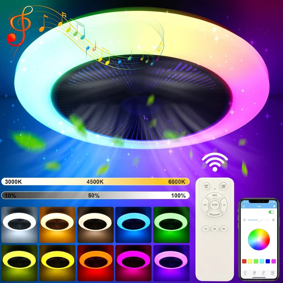 Modern Ceiling Fan with Light Bluetooth APP+Remote Music Speaker RGB Dimmable UK - Image 2 of 4