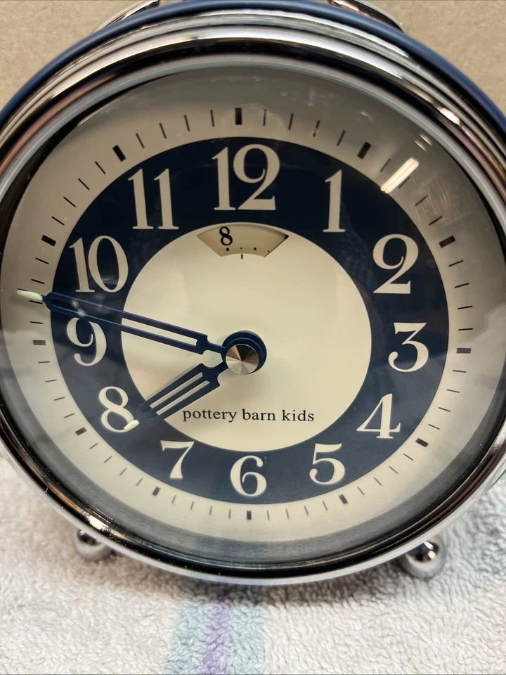 Pottery Barn Kids Clock - Push Button Alarm Clock with Date Blue & Chrome - Image 2 of 4