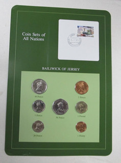 BAILIWICK JERSEY 7 COIN SET FRANKLIN MINT COINS OF ALL NATIONS ON CARD /STAMP