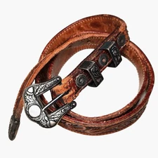 VTG Tex Tan Hand Tooled Leather Belt Sterling Silver Buckle Keepers Tip Women 28