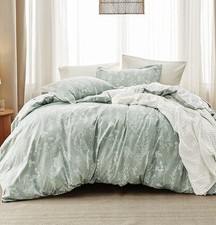 Queen Comforter Set - Sage Green Bohemian Floral Reversible Bedding - 3 Pieces