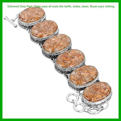 925 Sterling Silver Sunstone Gemstone Unique Vintage Bezel Chain Trendy Bracelet