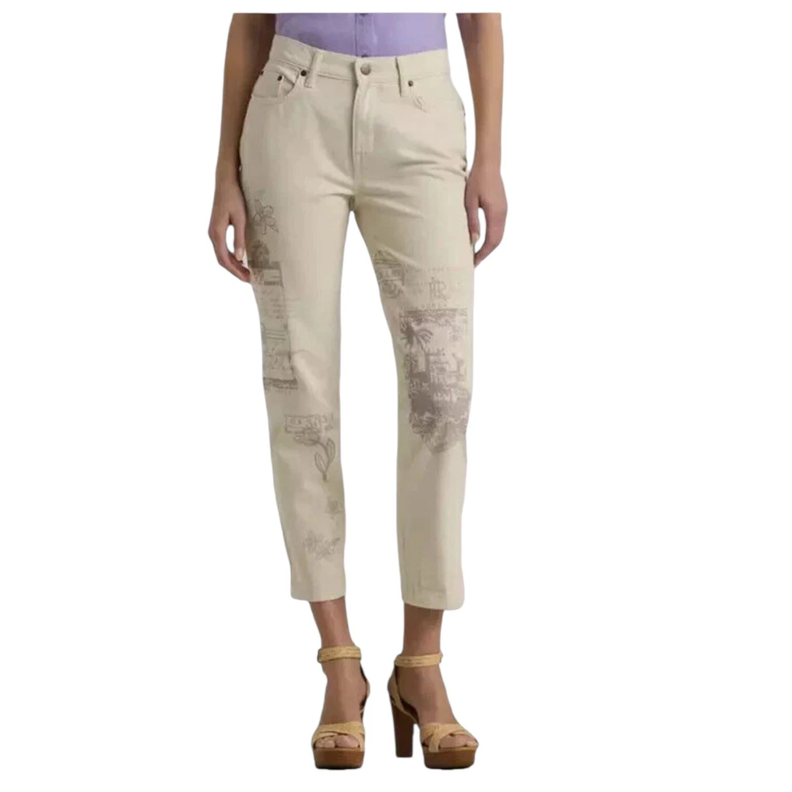 Lauren Ralph Lauren Relaxed Taper Jeans Womens 14 Ivory Printed Denim NWT