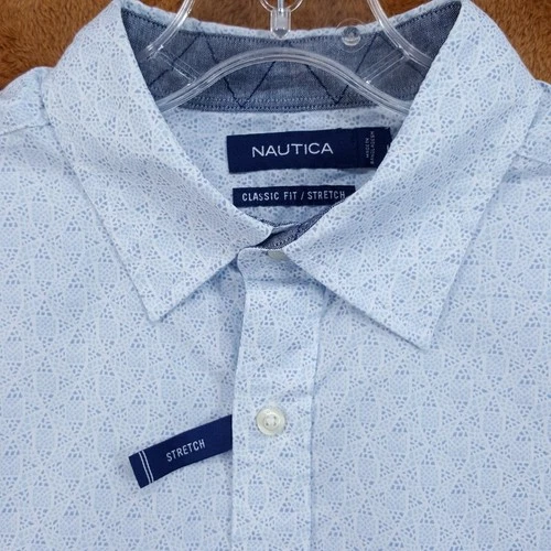 NAUTICA Button Shirt Mens Medium Blue Classic Fit Stretch Geometric Cotton - product listing photo