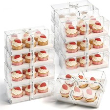 15 Pack Clear Cupcake Boxes 6 Count Cupcake Containers with Gift Ribbon Plastic