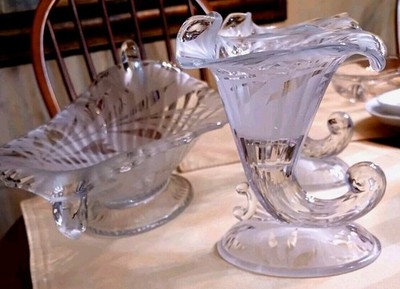 Fenton Rare Silvertone Satin Etch Cornucopia Candlestick Holders & Fruit Bowl 
