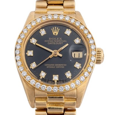 Rolex Datejust 6917 26mm 18K Gold President Diamond Bezel Black Dial Watch