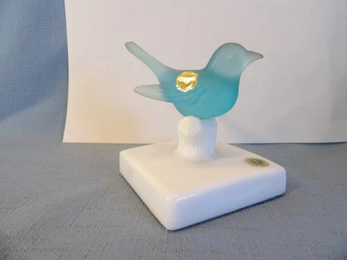 Vintage Westmoreland Frosted Green Jade Bird on Milk Glass Stand