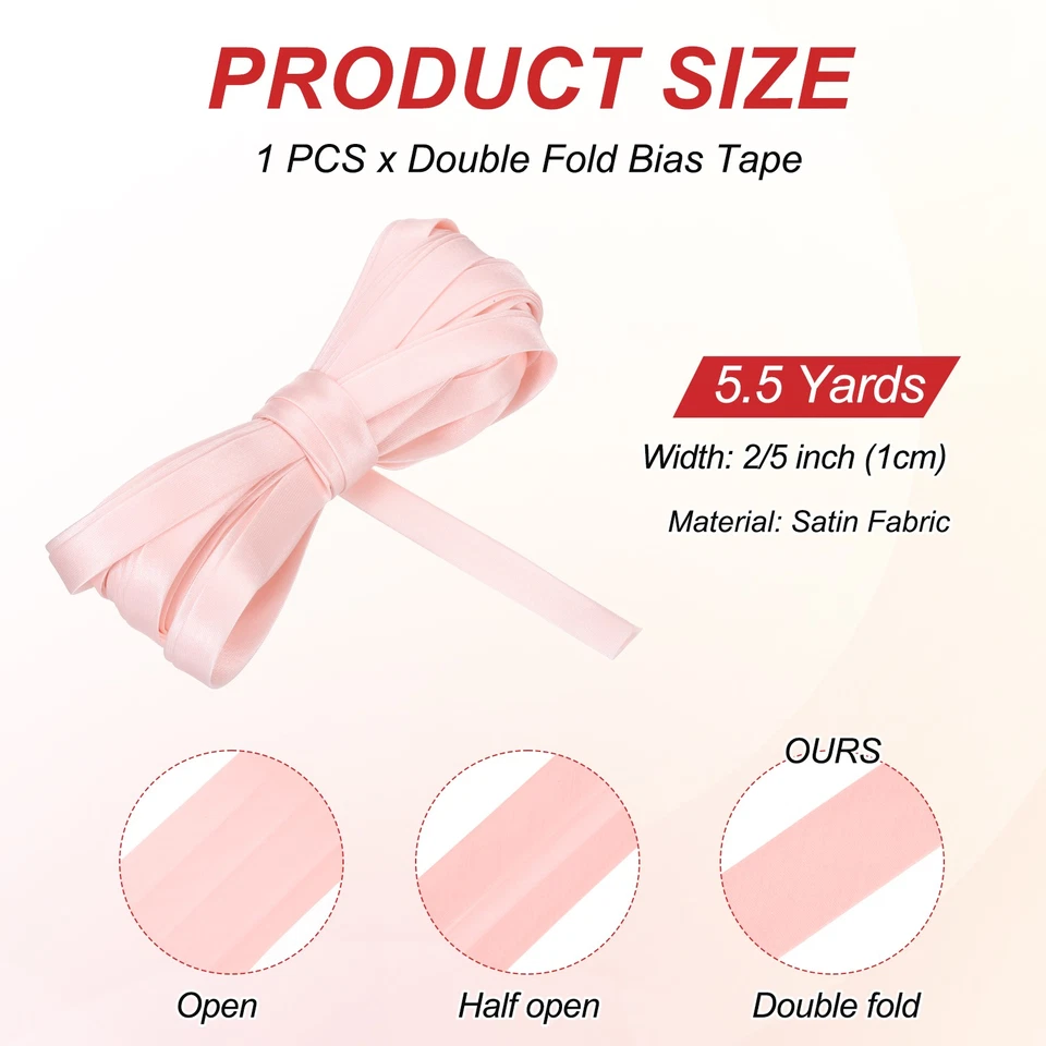 Cinta sesgada doble plegado 2/5 pulgadas x 5,5 yardas cinta preplegada satinada rosa claro Foto 2 de 4