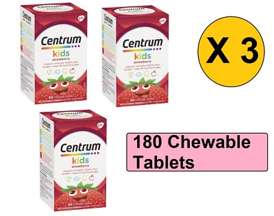 3 X Centrum Kids Multi Vitamin 180 Strawberry Chewable Tablets Multivitamin