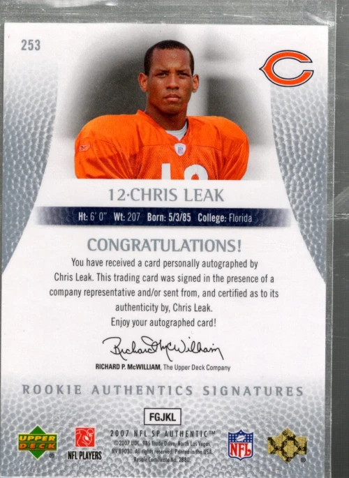 B0364- 2007 SP Authentic #253 Chris Leak RC Auto /399 - NM-MT - Image 2 of 2