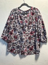 Chaps Womens Floral Top 3X Sheer Gray Boho Peasant Flaw 3/4 Sleeves Lightweight
