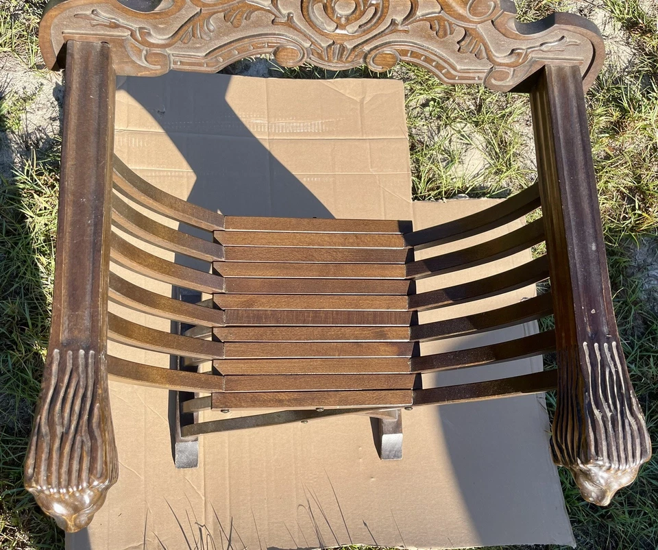 Antique Carved Wood Lion Heads On Arms Scissor Folding Chair Renaissance Decor - Image 3 of 4