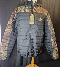 Sz XL New Men's Jacket. Black Mossy Oak Quilted, Full Zip Hoodie w Graphics