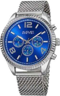 August Steiner AS8196SSBU Day Date GMT Blue Sunburst Dial Mesh Band Mens Watch