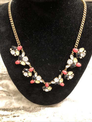 J Crew Multi Colored Rhinestone Statement Necklace Pinks Greens - Picture 2 of 10