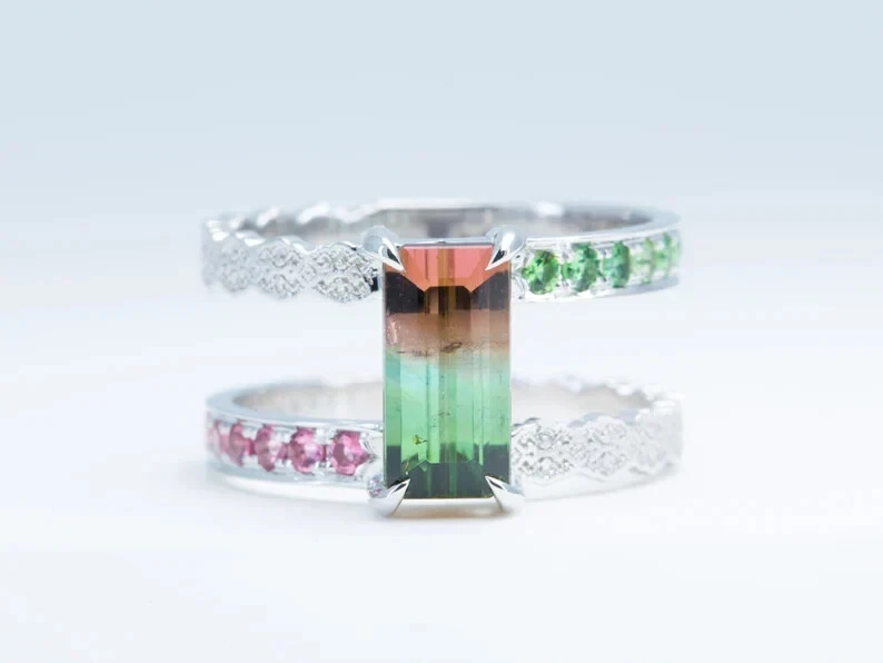 Sterling Silver 18k Gold Plate Natural Bicolor Watermelon Art Deco Baguette Ring - Image 2 of 4