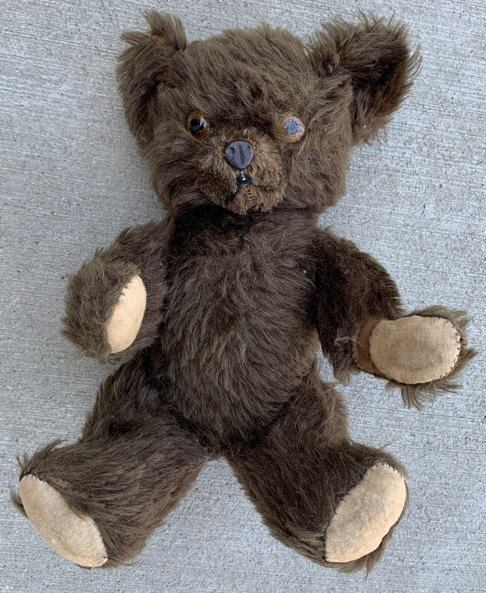 Vintage Knickerbocker Teddy Bear Brown Mohair Glass Eyes Metal