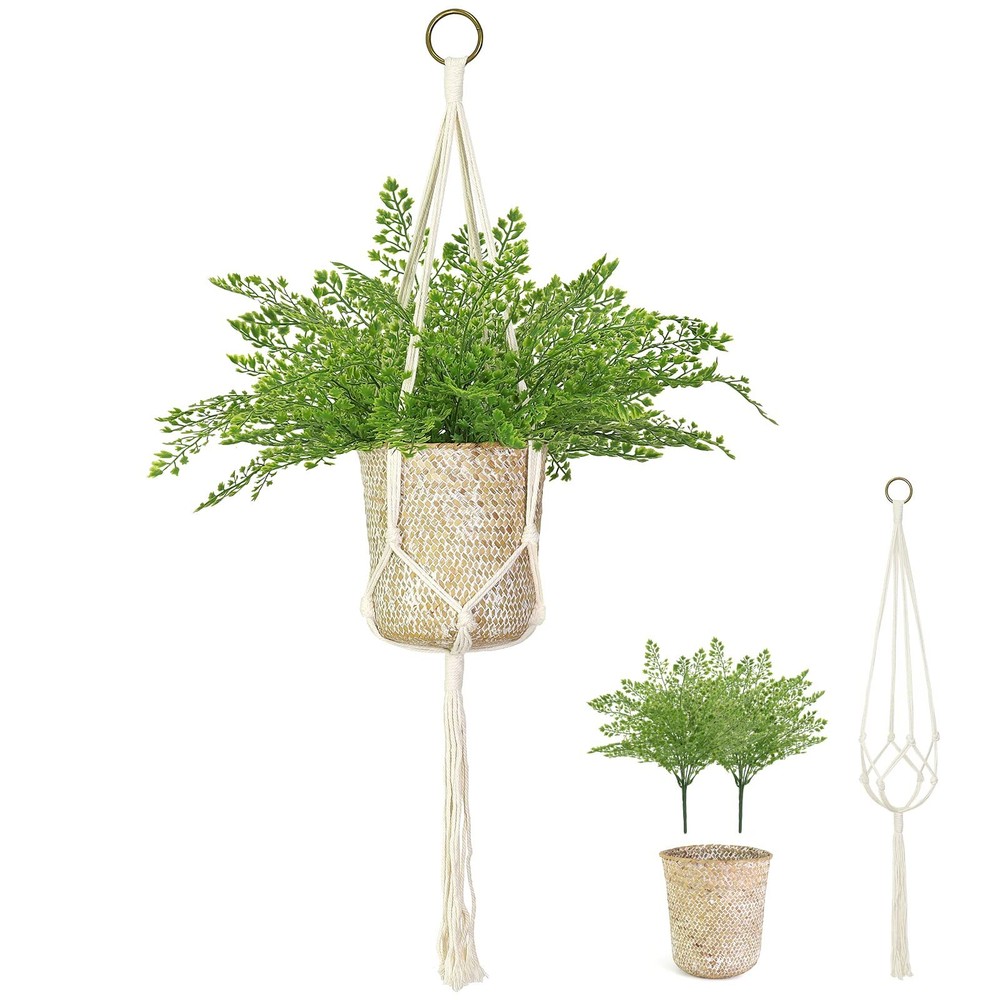 Artificial Hanging Fern Plant with Macrame Basket Holder Set