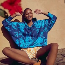 Free People Movement Sprint to The Finish Printed Hoodie Blue Floral XS