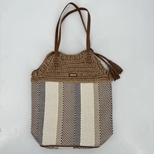 Sun N Sand Tote Shoulder Bag Large Crochet Woven Straw Striped Lined Tassels