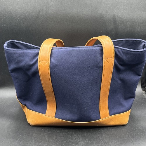 Vintage l.l Bean Tote Bag Navy Blue Canvas And Brown Leather