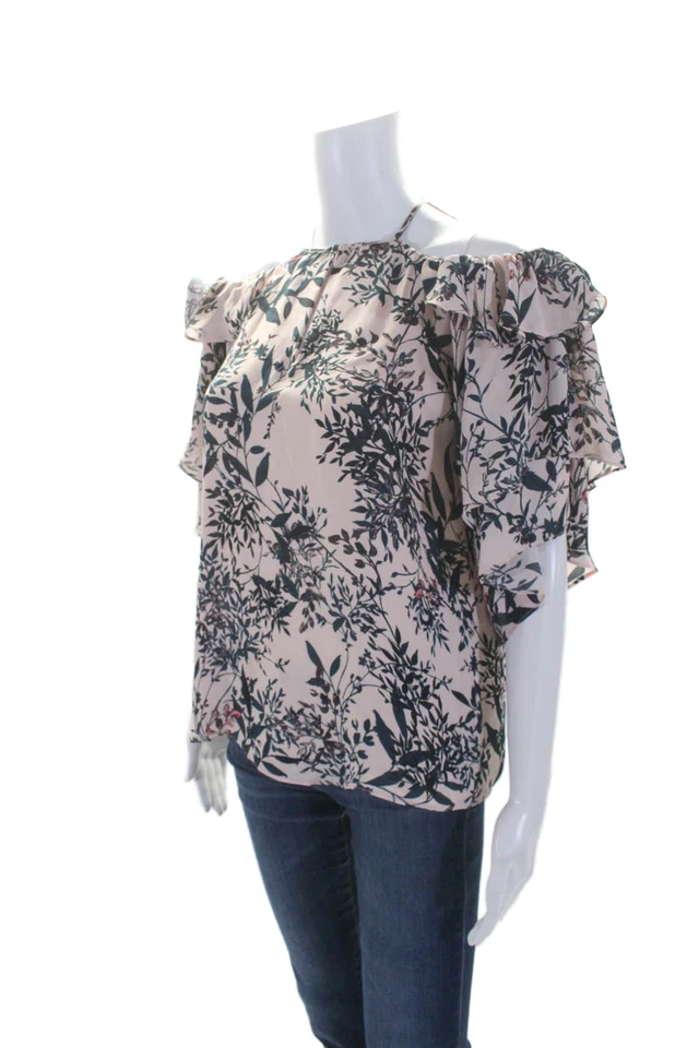 Blusa Top Parker Mujer Seda Rosa Floral Hombro Frío Manga Corta Talla S Foto 2 de 4