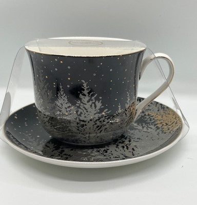 GRACE TEAWARE  Winter Christmas Tree Cup & Saucer Fine Porcelain Black & Gold 