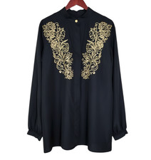 VTG Liz Claiborne Collection BLACK SILKY BUTTON-UP SHIRT TOP Gold Embroidery 8