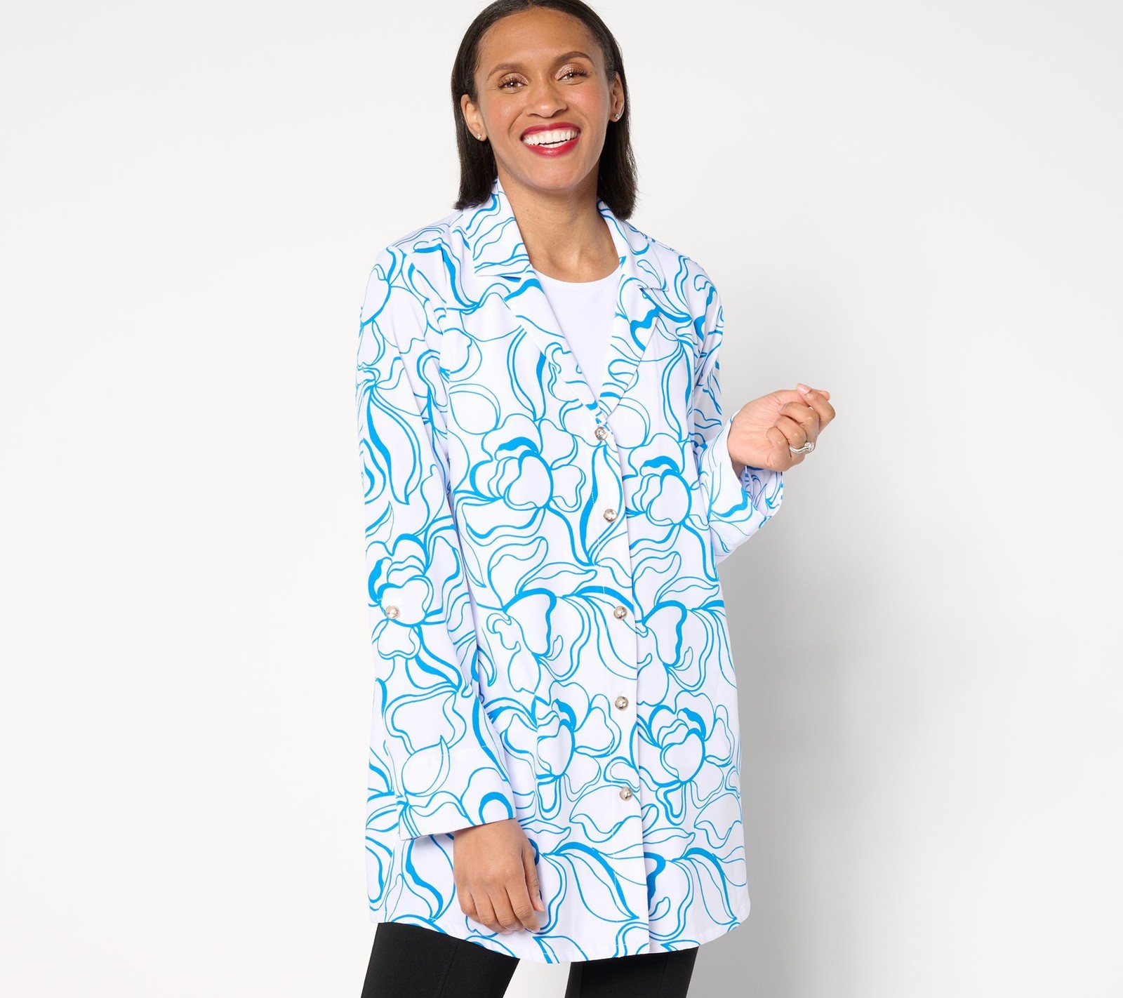 Dennis Basso Women's Top Sz M Printed Italia Knit Button Front White A650041