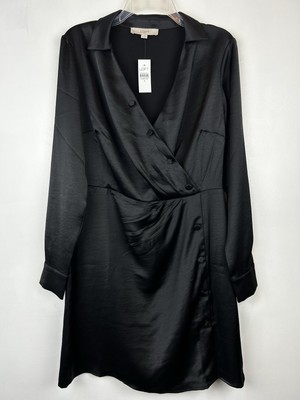 Loft Dress Womens 8 Black Satin Shirt Dress Cocktail Event Silky Chic Classic