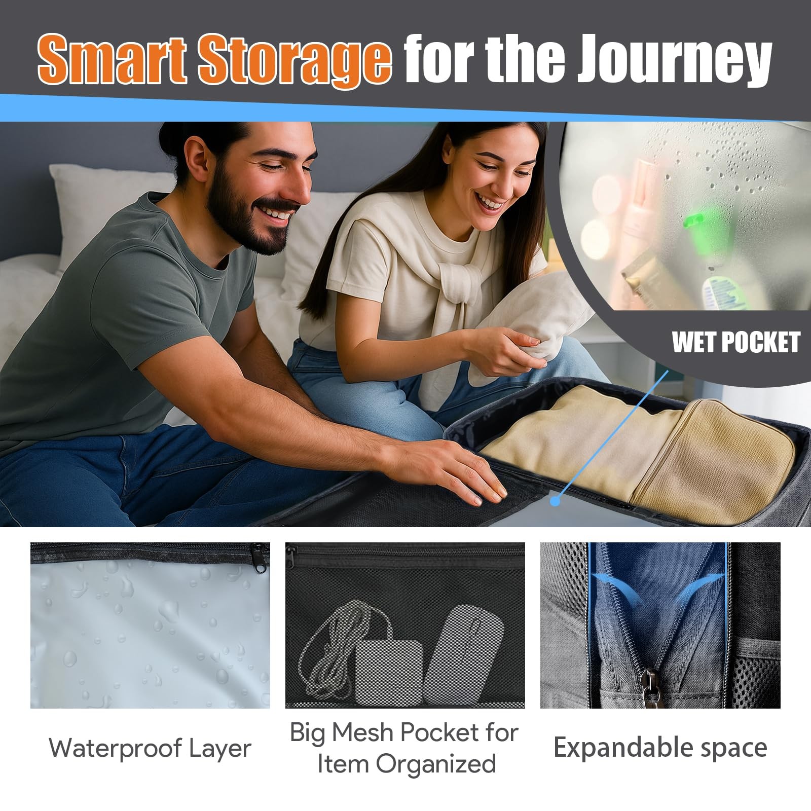 Extra Large Travel Backpack 40L-50L Expandable, Waterproof Wet Pocket Carry O... image 7