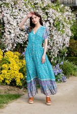 Cyan long sundress with floral print | LAST QUEEN