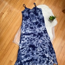Blue Tie-Dye Maxi Dress with Spaghetti Straps and Sequin Detail