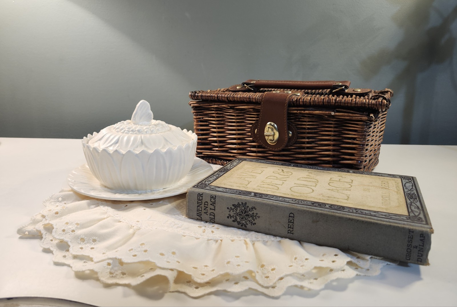 Cottagecore Vanity Decor Bundle Wicker Basket White Covered Dish Vintage Lace...