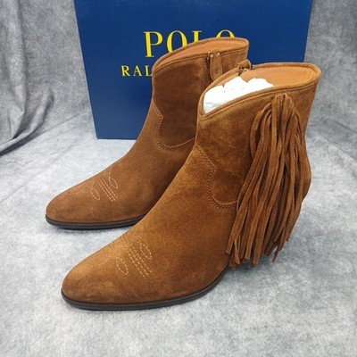 Polo Ralph Lauren Womens Lucille Brown Suede Western Fringe Ankle Boots Size 7B