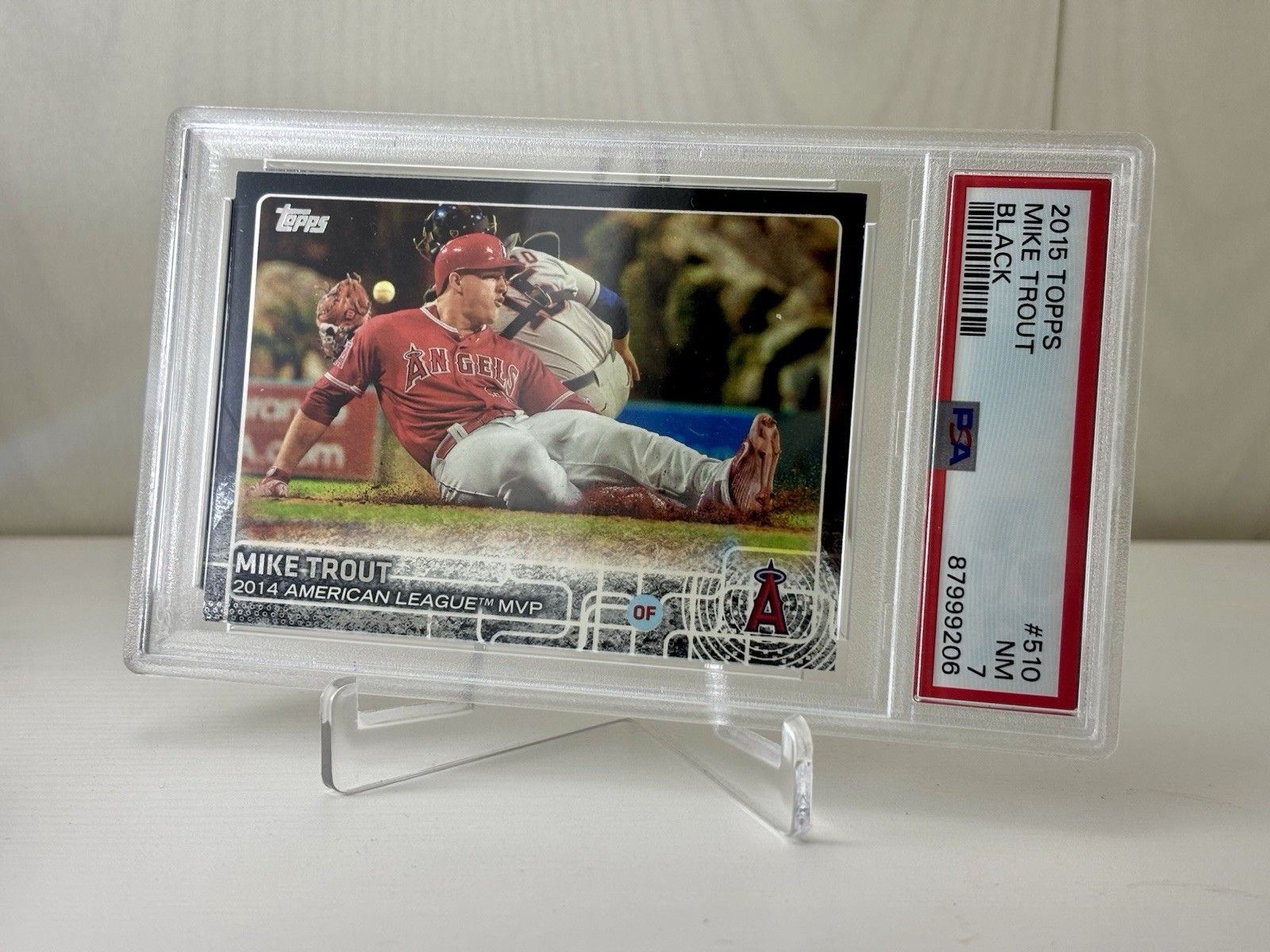 2015 Topps Mike Trout #510 Sliding — Black parallel /64 PSA 7 view 4