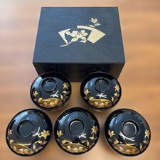 Japanese Black Lacquer Style Lidded Soup Bowls Set of 5 Gold Fan Floral w/Box