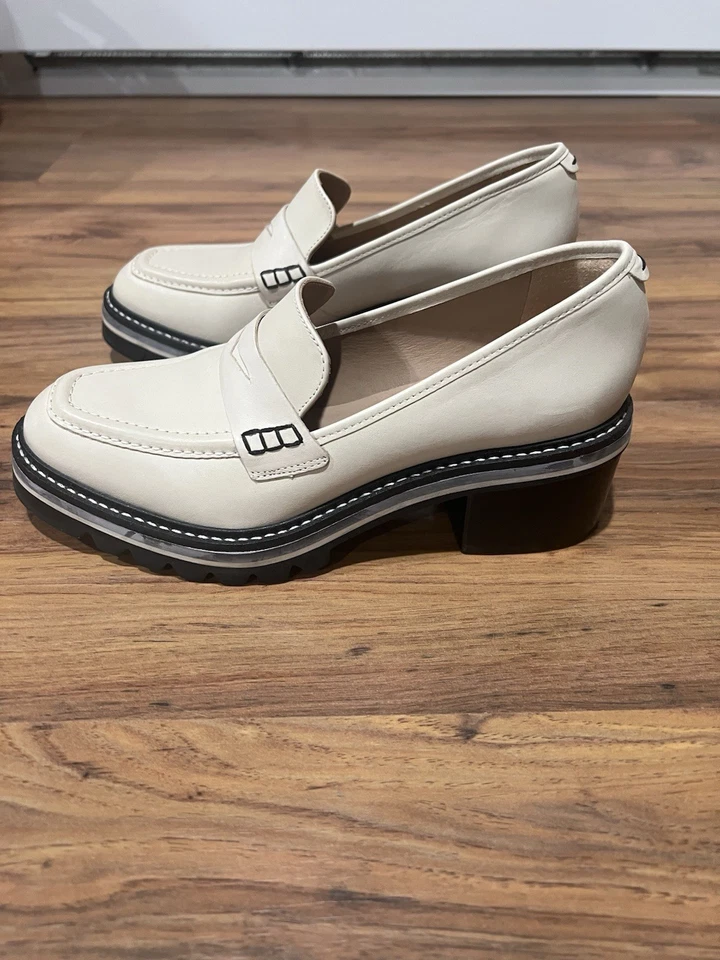 Mocasín Bernardo Selma Marfil Blanco Grueso Cuero Suela Tacón Plataforma 7.5 Foto 2 de 4