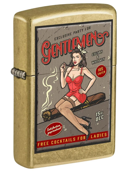 Zippo 3052, Gentlemen's Cigar Girl Design, Street Brass Finish Lighter, NEW