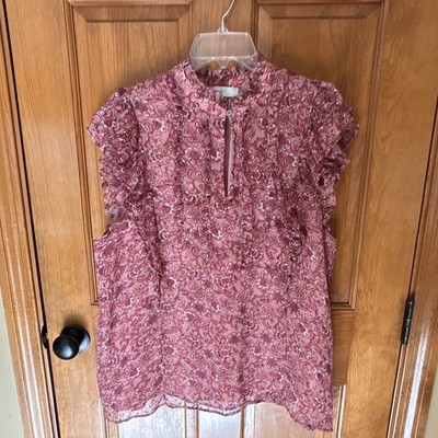 LOFT Women s XXL Pink Burgundy Floral Chiffon Ruffle Mock Neck Blouse Lined