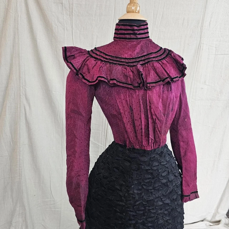 Bright Pink Red Black Velvet Trim Antique Victorian Blouse Top Shirt High Neck - Image 4 of 4