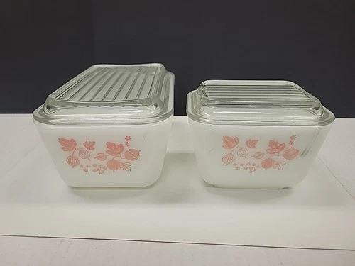 Gooseberry Pyrex 502 1.5 Pint Refrigerator Dish With Lid & 501 W/lid 1 1/2 Cup