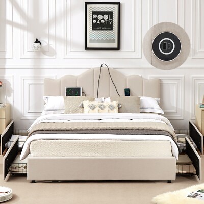Bed Frame with 4 Drawers and USB Ports Mattress Foundation Upholstered Headboard