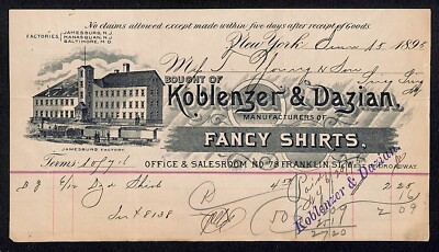 Koblenzer & Dazian Fancy Shirts NYC 1895 Billhead Townsend Young Sing Sing (#2)