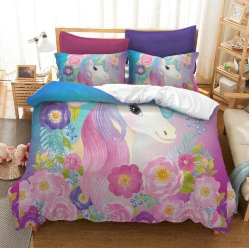 3D Pink Purple Petal Unicorn KEP2523 Bed Pillowcases Quilt Duvet Cover Kay - Picture 1 of 6
