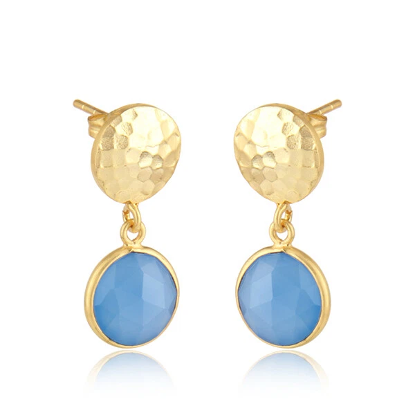 Pendiente Disco Martillado Redondo Chapado en Oro Azul Calcedonia Colgante Pendientes Joyería Foto 3 de 3