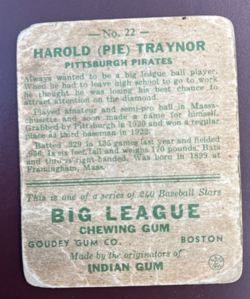 1933 Goudey Big League Chewing Gum 22 Harold Pie Traynor HOF Lower Grade eBay