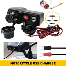 Motorcycle Handlebar Cigarette Lighter Socket Dual Charger USB W/ LED Voltmeter