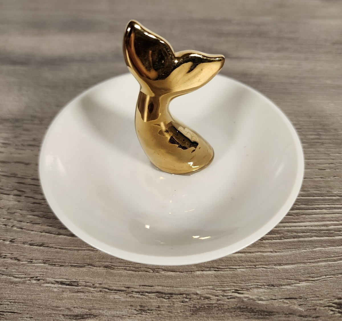Gold Whale Tale Ring Holder Trinket Dish 4” Jewelry Holder